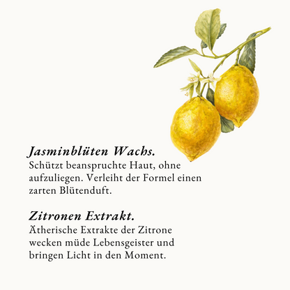 Infografik über die Kerninhaltsstoffe, Jasminblüten Wachs und ätherisches Zitronen Extrakt, des Jasmin Balsams von Botanik Atelier.