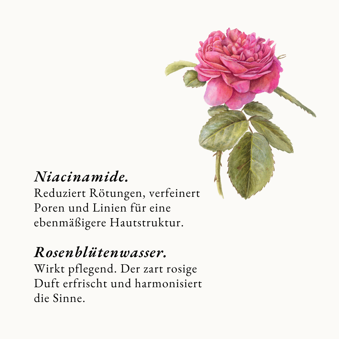 Infografik mit den Kerninhaltsstoffen des Blüten Tonikums von Botanik Atelier. 