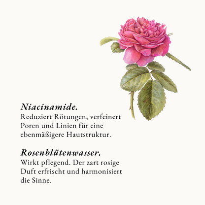 Infografik mit den Kerninhaltsstoffen des Blüten Tonikums von Botanik Atelier. 